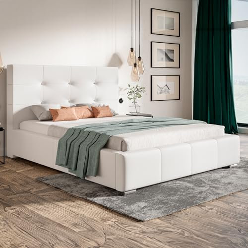 MOTIVENA Paul Polsterbett 120x200 mit Bettkasten, Bett 120x200 mit Lattenrost, Bett 120x200 mit Stauraum, Stauraumbett 120x200, mit Kopfteil, ohne Matratze, Kunstleder, Weiß (Weiss)