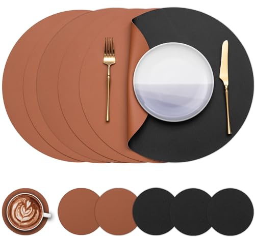Myir JUN Lot de 6 sets de table ronds en similicuir - 38,1 cm - Double face antidérapants - Faciles à nettoyer - Résistants aux taches - Noir et marron