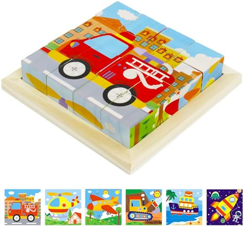 TaimeiMao Bilderwürfel Holz,6 in 1 Kinderspielzeug Holzpuzzle Montessori Spielzeug 3D Würfelpuzzle Puzzlespiele für Kinder,Pädagogisches Lernspielzeug Geschenk für Jungen und Mädchen, Verkehr