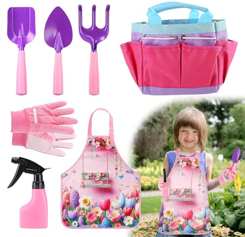 Kids Gardening Tool Set - Garden Tools for Kids with Shovel Trowel Rake Apron Gloves Watering Can and Tote Bag, Outdoor Toys Great Gifts for 3 4 5 6 7 8+ Years Old Girls (Flower Style)