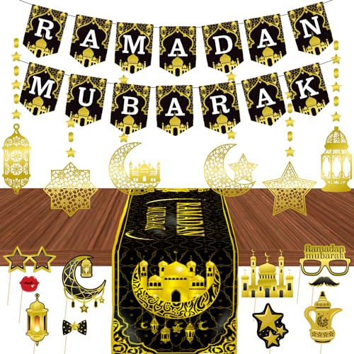LECONCES Ramadan Deko Set - Eid Dekoration Ramadan Mubarak Banner, Girlande, Foto-Requisiten, Tischläufer, Gold Stern Mond Dekorationen für Eid Festival Party Dekoration