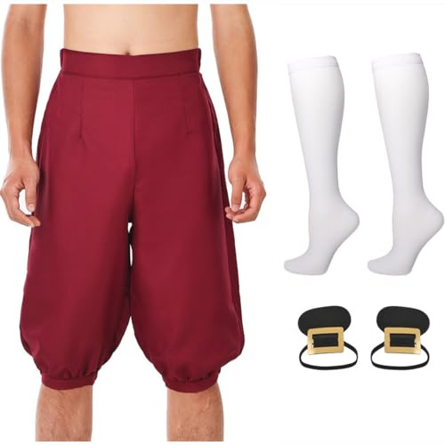 BLESSUME Pantaloni medievali da uomo coloniali mutandine, calze, copriscarpe, Vino rosso, X-Large