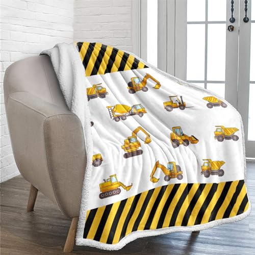 Lunoroey Bagger-Decke, Überwurf für Kinder, Jungen, Mädchen, Bagger, Mischer, LKW, Technik, Fahrzeug, Überwürfe, Decken, weiche Sherpa-Doppelseitenbettdecke