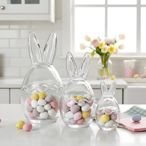 Hodge and Hodge Glass Bunny Jar Set of 3, 21/17/11cm - Cracked Egg Lids with Ears - Clear Candy Storage for Mini Eggs, Chocolates, Jelly Beans - Easter Basket Decor, Spring Mantel Centrepiece