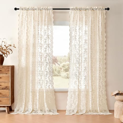 Tende in pizzo beige lunghe 248 cm, 2 pannelli, motivo cachemire, motivo floreale, tende velate per soggiorno, camera da letto delle ragazze, tasca per asta, filtranti la luce, stile shabby chic,