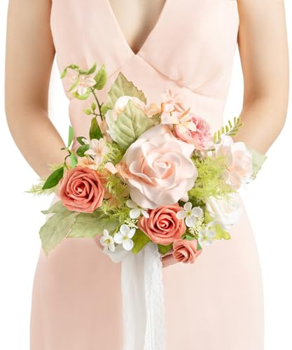 Ling's moment Artificial Flowers Pink Bridesmaid Bouquet, Blush Garden Wedding Flowers Bouquets for Bridesmaids, 7 Inch Bridal Bouquets for Bridesmaids, Wedding, etc