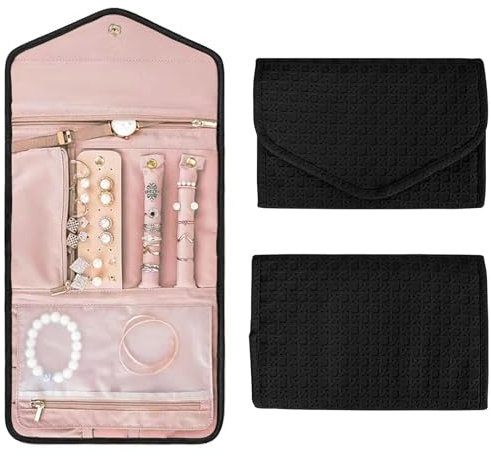 Faltbare Reise Schmuck Organizer,Leder Schmuckaufbewahrung Schmuckrollen Tragbare,Aufbewahrungstasche für Schmuck, Schmuckrolle Organizer Tasche für Ohrringe Halsketten Ringe Armbänder Uhren (Schwarz)
