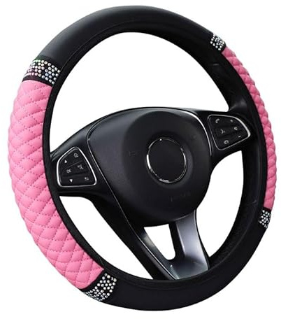 Flaconi Couvre Volant Voiture,Accessoire Voiture Interieur,Housse De Volant De Voitures sans Anneau Intérieur en Cuir Brodé,Convient aux Volants de Taille Moyenne d'un Diamètre de 14,5 à 15(Rose)