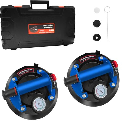 2 Stück 8'' Saugheber Glassauger Fliesenheber mit Manometer Max 200kg,Vakuum saugheber für Glas,Fliesen,Marmor,Saugnäpfe für glas fliesen Mit Tragbarer Werkzeugkasten,Plattenheber vakuum(Blau)