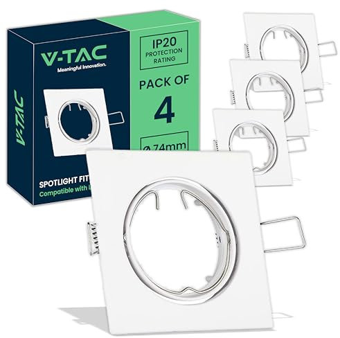 V-TAC 4X Marco Foco Empotrable GU10-4 Piezas - Portalámparas Bombillas LED GU10 - Sección Empotrable de 74 mm - Marco Quadrado para Bombilla para Yeso, Madera, Estantes, Hogar - Ø82 x 25mm