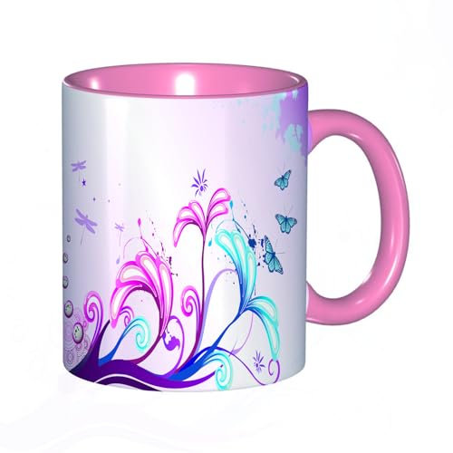 EKLMPS Tazza grande per caffè e tè a colazione - idee regalo per uomo e donna - in porcellana, 330 ml (11oz), corpi di fiori giganti curvi e farfalle che volano in stile primaverile, design artistic