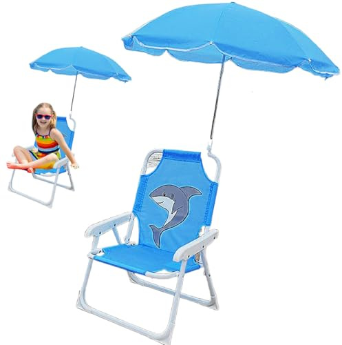 LDJFCCA Kids Beach Chair with Umbrella Foldable Toddler Camping Chair Waterproof Polyester Beach Chair with Sunshade Blue Kids Outdoor Chair for Beach Pool Travel, Kids Beach Chair