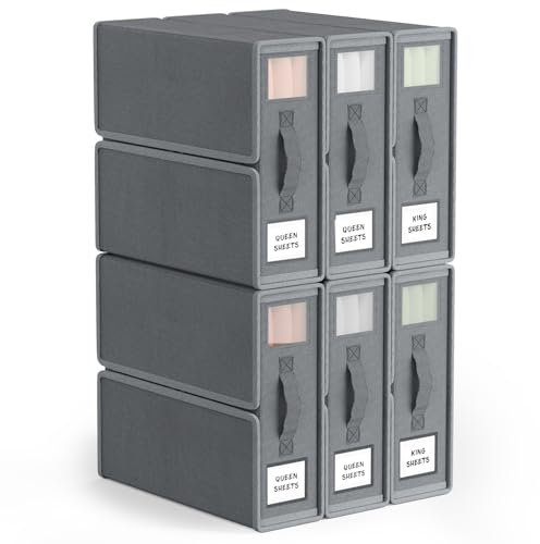 6 Stück Unterbett Aufbewahrungsbox Bettwäsche Aufbewahrung mit handhaben, Faltbarer Bettwäsche Organizer Schrank Organizer Kleiderschrank Aufbewahrung mit klarem Fenster für Bettbezug Kleidung, Grau