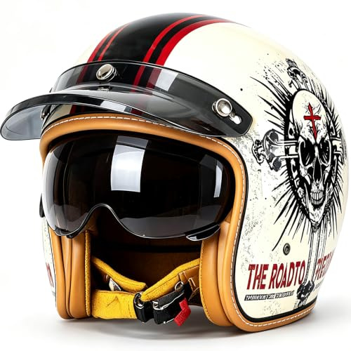 Vintage Motorrad Jet Helm mit Visier, ECE/DOT genehmigt Crash Jet Helm, Motorrad Open Face Helm, für Männer Frauen Road Legal, Retro 3/4 Open Face Design