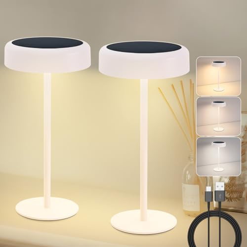 meoaow Tischlampe Solar Akku Nachttischlampe - Led Kabellos Tischleuchte | 3600mhA Aufladbar Touch Dimmbar 2er Set IP44 Weiß Lampe mit USB Batterie Solarlampen für Modern Wohnzimmer Schlafzimmer