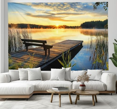 CEDNXOER Sonnenuntergang Pier Tapisserie,Illustration einer Schilf Wald Tapisserie Wandbehang Wandteppiche Für Schlafzimmer Wohnzimmer Wohnung Wohnheim Dekorationen Wandkunst Dekor 130×150cm