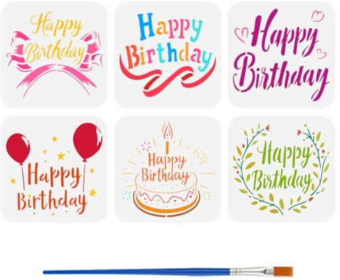 FINGERINSPIRE 6 Stück Happy Birthday Textschablone Mit 1 x Pinsel 15x15cm Große Geburtstagskuchenschablone Geburtstagsband Ballonschablone Geburtstagsthema Schablone Für Grußkarten DIY Dekoration