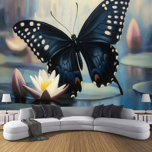 Lotus Schwarzer Schmetterling Fototapete - Tier Ölgemälde - Größe 400X280Cm (Breite X Höhe) Wandtapete Tapete, Wandbild Wandtattoo Dekoration - Tapete, Kinderzimmer, Kindertapete