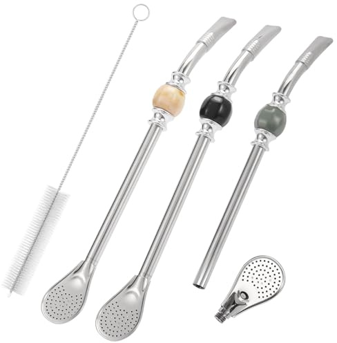 LayaVilla 3 Pack Bombilla Mate Straws with Removable Spoon Filter - 8.7 Stainless Steel Yerba Mate Gourd Straw with Cleaning Brush, Reusable Filtered Spoons for Loose Leaf Tea