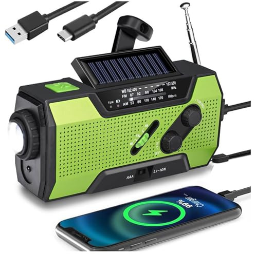 Wind Up Emergency Radio, Solar Powered Hand Crank Portable AM/FM Weather Radio 2000mAh Survival with LED Bright Flashlight, SOS Alarm, Headphone Jack, USB Port for Camping Hiking (Green 1)