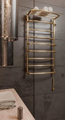 Elna Handtuchheizkörper Gold – 168W – 1005 x 530 mm – Elektrisch mit Ablage – Für Familienbäder & Zuhause – Edelstahl – Mit Thermostat, Timer & Eco – IP44 – Wandmontage