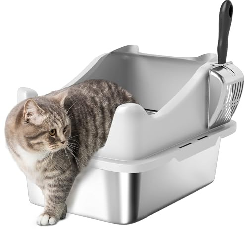 PawHut Cat Litter Tray Stainless Steel High Sided 43 x 33 x 25cm Grey