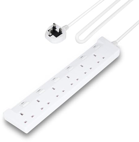GEEPAS 6 Gang Extension Lead, 2M Cable | 6-Way Plug Extension Cable | 6 Socket Desk Power Strip with Individual Switches for Home Office | Heavy Duty UK Plug | White