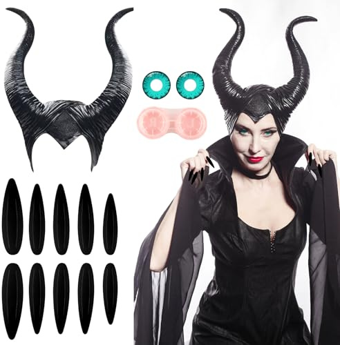 Maleficent Hörner Halloween Maleficent Kostüm Damen Haarreif Hörner Kopfschmuck MaleficentHorns Teufelshörner Haarreif Schwarz mit Grüner Augenkontakt und Schwarze Nägel Karneval Einheitsgröße