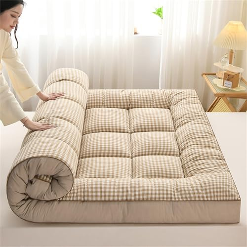 Colchón japonés de suelo, colchón grueso de futón, colchón enrollable, tapete de cama para dormitorio, cama de salón, cama acolchada (verde a cuadros, 120 x 200 cm), cómodo, portátil, ahorra espacio