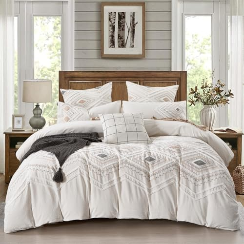 MASINISS Luxurious Tufted Cotton Boho Duvet Cover King Set 3 Pieces, Linen Like, Top-end Textured Cotton Fabric, Breathable, No Iron,Easycare, King Size, Natural White Duvet Cover