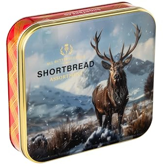 All-Butter Scottish Shortbread Assortment Gift Tin, Christmas Stag Design, 9 Varieties, Baked in Scotland, 500g