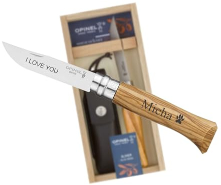OPINEL No. 08 Taschenmesser Geschenk-Set – Olivenholz Griff mit Gravur + Kunstleder-Etui – Personalisiertes Klappmesser für Outdoor