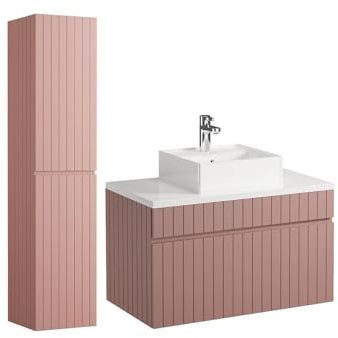 Vente-unique-Mueble de baÒo suspendido Estriado Rosa con Lavabo sobre encimera y Columna - 80 cm - SATARA