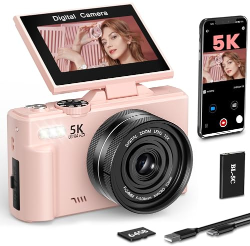 Appareil Photo Numériques 5K 75MP avec WIFI, Carte de 64 Go, Écran Rotatif 3.0 à 180° pour Selfie 18X Digital Zoom Appareil Photo Compacte Digital Caméra pour Vlog, Voyages, YouTube, Débutants (Rose)