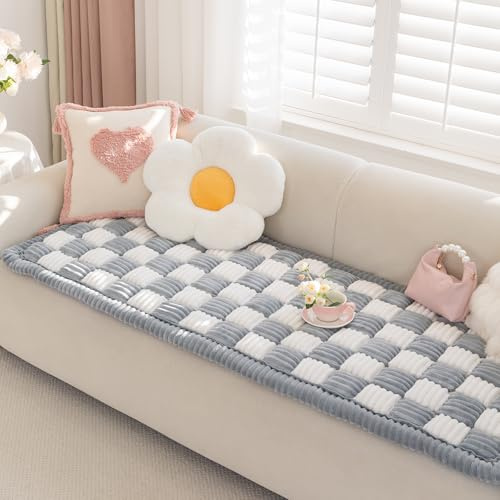 AEEISHOMEREFORM Sofaüberwurf rutschfest waschbar, Flanell Couchauflage extra dick mit Anti-Rutsch-Unterseite, Sofaschoner für 2/3/4-Sitzer & Haustiere, Karo (grau, 70x210cm)