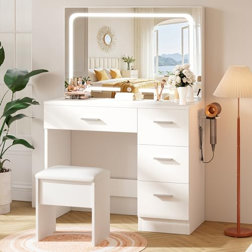 LIVELYGLOW Dressing Table with Smart LED Mirror & Power Outlet, 90cm White Makeup Vanity Desk Set with 4 Drawers, Hairdryer Holder & Cushioned Stool, Modern Space-Saving Bedroom Set