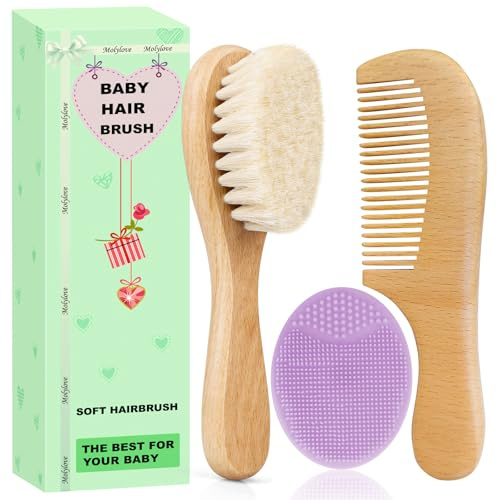 Molylove Baby-Haarbürste und Kamm-Set für Neugeborene und Kleinkinder, Babybürsten-Set aus Holz mit weichen Ziegenborsten, Holzkamm, violette Wiegenkappenbürste, ideal für Wiegenkappen, 3 Stück