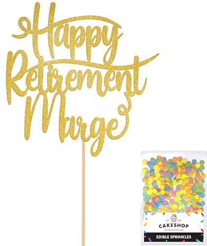 Cakeshop Personalised Happy Retirement Glitter Cake Topper With Sprinkles - Gold Custom Colour - Any Name - Double-Sided Glitter Card Cake Decoration - Custom Toppers for Cakes