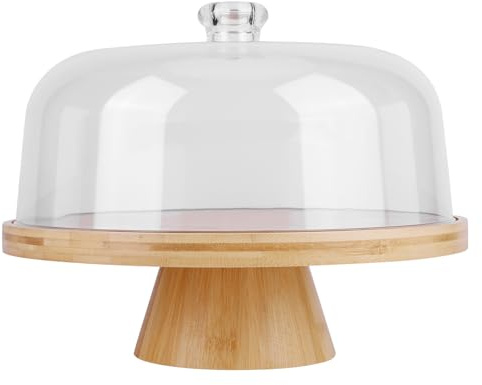 AMZGSHOP Wood Cake Plate with Clear Dome Lid Non-slip Pastry Stand Wooden Cake Display Stand for Cheese Chips Fruit Platter