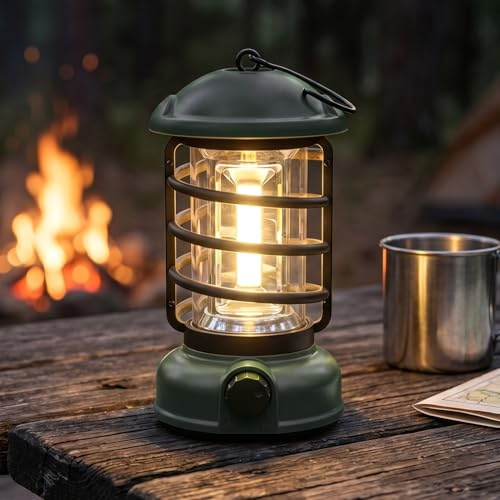 Aigostar Lampada Campeggio Retrò Portatile, Luminosità Regolabile, 250LM 3000K, 3 Batterie AA(No Incluse), Impermeabile IP44, per Pesca, Escursionismo, Picnic, Atmosfera Decorativa