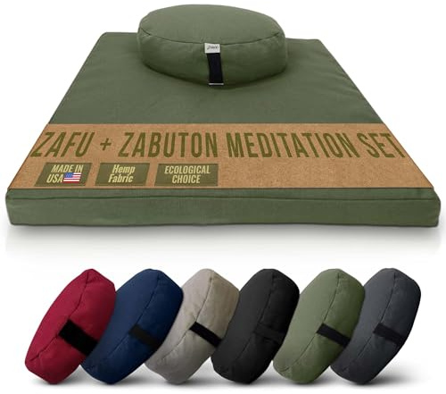 Meditation Cushion Mat Set HEMP - Large Oval Zafu Floor Pillow Organic Buckwheat Pillow + Cotton Filled HEMP Zabuton Prayer Pad - Meditation Pillow Yoga Knee Pad Made in USA - 18 Oval, CACTUS Hemp
