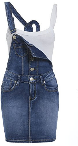 SS7 New Womens Skinny Denim Dungaree Dress, Mid Blue, Sizes 8 to 14 (14, Mid Blue)
