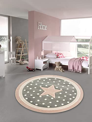 Traum Kinderteppich Spielteppich Babyteppich rund mit Stern in Rosa Grau Weiss Größe 160 cm Rund