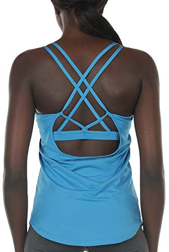 icyzone Damen Sport Yoga Tank Top mit Integriertem BH - 2 in 1 Sport Oberteile Fitness Gym Shirts (L, Blau)
