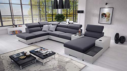 All4All Ecksofa mit Schlaffunktion Ponti 368 cm x 227 cm - Wohnlandschaft U-Form - Schlafsofa mit Bettkasten - XXL Sofa - Groß - Gewebe mit Kunstleder - Rechte Seite - Grau/Weiß - Modern 26