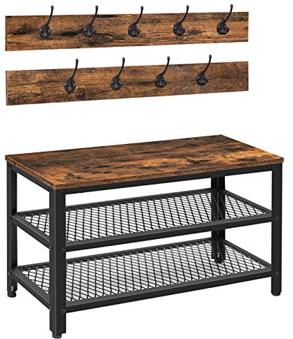 HOOBRO Garderobe Schuhbank Set, Schuhregal, Garderobenleiste mit Ablage und 9 Haken, garderobenset, Industriestil, Metallgestell, Flur, Eingangsbereich, Dunkelbraun-Schwarz EBF17MT01