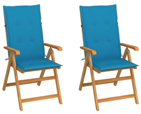vidaXL 2X Teak Massiv Gartenstuhl mit Blauen Kissen Klappbar Hochlehner Klappstuhl Gartensessel Holzstuhl Stuhl Stühle Gartenstühle