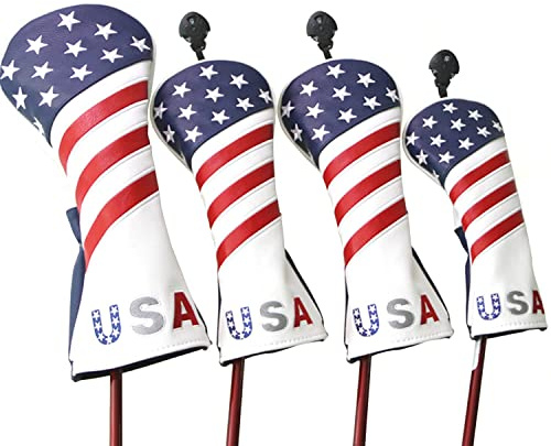 Golf Head Covers, for Fairway Woods Driver Hybrid 1 3 5 UT GLOOF Golf Club Head Covers USA Stars and Stripes with Interchangeable ID Tags Leather 3 Wood Driver Headcovers