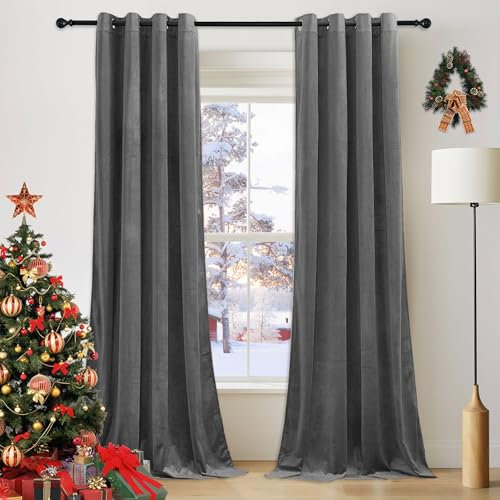 PONY DANCE Dark Grey Velvet Curtains 90 Drop Pair - Eyelet Top Thermal Insulated Soundproof Velvet Curtains Super Soft Blackout Panels for Living Room/Bedroom, 52x90 Inch, 2 Panels
