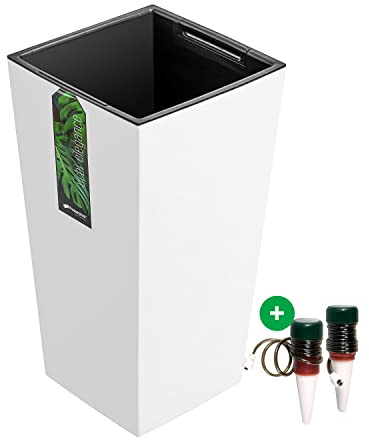 Blumentöpf hoch mit Wasserspender pflanze - 260 x 260 x 505 mm - Pflanzkübel mit Einsatz Blumenkübel Pflanztopf Kunststoff Matt, Weiß